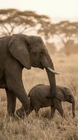 African elephant mother with baby calf in savanna grassland during golden hour sunset creating warm sepia toned wildlife photography scene.