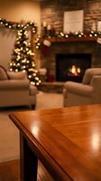 Cozy living room with wooden table, blurred Christmas tree lights and fireplace creating warm holiday atmosphere for family gatherings and celebrations.