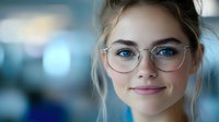 Young blonde businesswoman with glasses smiling confidently in modern office environment. Professional portrait for corporate communications and workplace success.