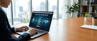 Professional businesswoman working on laptop with online legal consultation interface in modern office with city view for legal technology services.