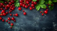 Fresh red currants scattered on dark textured background with green leaves, copy space for text. Natural food photography with dramatic lighting.
