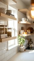 Modern kitchen interior with floating wooden shelves, white subway tiles, glass storage jars and warm ambient lighting creating cozy scandinavian style atmosphere.