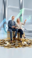 Successful mature Caucasian business couple sitting on golden coins with rising financial charts, celebrating wealth growth and investment success in modern office.
