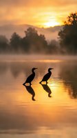 Two cormorants wade through misty morning waters at sunrise, their silhouettes reflected in golden light. Perfect for nature and wildlife themes.