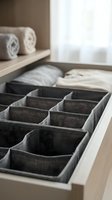 Organized drawer with fabric storage dividers and folded towels on wooden shelf in modern minimalist home interior for decluttering and organization.