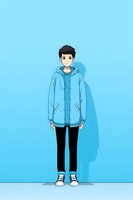 Young Asian man in oversized blue hoodie and black pants standing against blue background. Casual streetwear fashion illustration for apparel design.