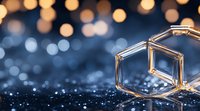 Hexagonal glass prism reflecting golden bokeh lights on dark blue background with water drops, creating magical atmospheric effect. Suitable for science concepts.