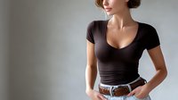 Young woman in black fitted t-shirt and blue jeans with brown leather belt standing against light wall, cropped portrait showing casual fashion style.