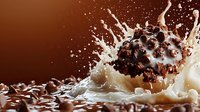 Chocolate truffle splashing into creamy milk creating dynamic splash effect with drops and waves against brown background, dramatic food photography.