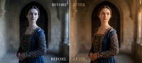 Professional photo editing transformation showing before and after color correction and enhancement of medieval woman in ornate blue dress.