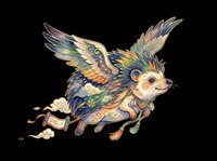 Whimsical winged hedgehog creature with ornate feather wings and decorative details, isolated on transparent background for t-shirt design, stickers, and print-on-demand projects.
