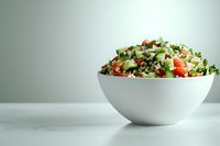 Fresh chopped vegetable salad with tomatoes, cucumbers, onions and herbs in white ceramic bowl on light background, healthy food concept.