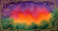 Magical sunset landscape with ornate golden border featuring crescent moons and stars creating mystical fantasy atmosphere for enchanted storytelling designs.