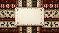 Festive knit pattern with reindeer, snowflakes and holly leaves surrounding blank cream frame on burgundy, green and beige woven textile background. Holiday greeting card template.