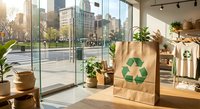 Eco-friendly shopping bags with recycling symbols in modern sustainable retail store interior with large windows overlooking urban cityscape during daytime.