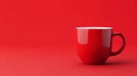 Red ceramic coffee mug isolated on vibrant red background with soft shadow and copy space, minimalist composition for beverage and lifestyle designs.