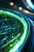 Abstract curved light trails in green and blue colors with glowing particles and bokeh effects creating dynamic motion path against dark background.