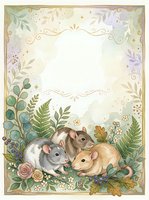 Adorable mice family with floral border frame on watercolor background for greeting cards, invitations and nursery decor.