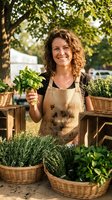 Happy female farmer holding fresh herbs at outdoor farmers market with organic vegetables in wicker baskets surrounded by green plants and trees.