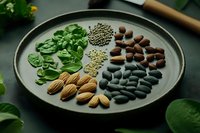 Fresh spinach leaves, almonds, black beans, quinoa and lentils arranged on dark ceramic plate. Natural plant based protein sources for healthy eating and cooking.