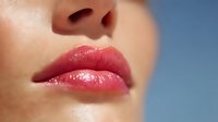 Close-up of glossy pink lips and nose against blue background, showcasing natural beauty and skin texture for cosmetic advertising.