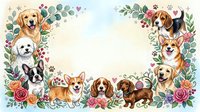 Adorable dog breeds frame with floral border featuring golden retriever, corgi, beagle, dachshund and more puppies surrounded by roses and greenery.