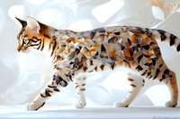 Geometric mosaic pattern overlaid on walking Bengal cat silhouette in brown and orange tones against light background, artistic digital illustration.