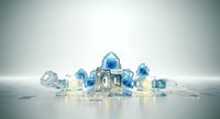 Transparent ice cubes and frozen geometric shapes scattered on reflective surface with blue and clear crystalline structures for design projects.