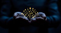 Glowing network of connected people icons floating above cupped hands in dark background, representing social connectivity and global community management.