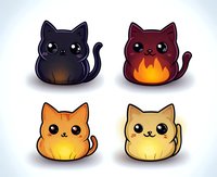 Adorable kawaii style cats with glowing effects in different colors - black, red, orange and yellow. Cute chibi kittens for stickers and merchandise designs.