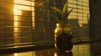 Green plant growing in glass mason jar with water against window blinds at golden sunset hour creating atmospheric shadows and warm light effect.