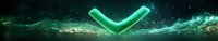 Glowing neon green arrow pointing down against dark cosmic background with luminous particles and ethereal smoke effects creating mystical atmosphere.