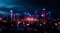Modern cityscape at night with glowing skyscrapers and blurred bokeh lights in foreground creating dreamy urban atmosphere. Futuristic metropolitan skyline against dark sky.