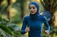 Young woman in hijab and blue athletic wear jogging outdoors in nature setting with blurred bokeh background, demonstrating active healthy lifestyle and fitness.