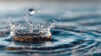 Water droplet creating splash crown with ripples on blue surface capturing moment of impact with crystal clear detail and dynamic motion freeze frame.