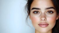 Young Hispanic woman with natural makeup, glowing skin, and dark hair against light background showcasing fresh dewy complexion and soft beauty look.