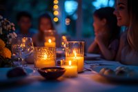 Romantic candlelit dinner table with glowing candles, wine glasses and blurred people in background creating intimate evening atmosphere at outdoor gathering.