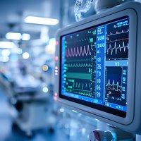 Medical monitor displaying vital signs and ECG waves in intensive care unit with blurred hospital background showing patient diagnostics data.