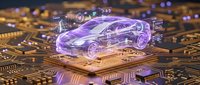 Holographic car projection on computer circuit board showcasing automotive technology innovation and digital transformation in smart vehicle development.