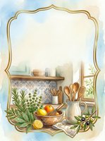 Watercolor kitchen scene with herbs, lemons, wooden utensils and gold frame, soft pastel tones, copy space for recipe card or menu design.