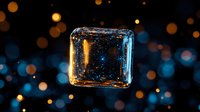 Glowing ice cube with golden bokeh lights floating on dark background creates magical atmosphere. Suitable for beverage advertising and winter concepts.