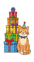 Ginger tabby cat wearing party hat and bow tie sitting next to colorful stacked gift boxes with ribbons and bows, isolated on white background for greeting cards and celebrations.