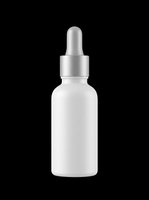 White dropper bottle with silver metallic cap isolated on transparent background, ready for cosmetic, skincare, essential oil, and serum product design use.