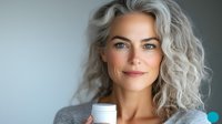Confident mature woman with silver gray curly hair smiling at camera wearing casual gray sweater against neutral background for lifestyle content.