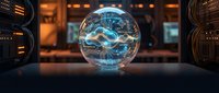 Futuristic glowing sphere with blue circuit patterns and digital connections floating in modern tech laboratory environment with warm ambient lighting.