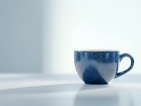 Blue ceramic coffee cup with speckled glaze texture on white surface against soft gradient background, creating minimalist composition for lifestyle content.