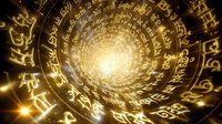 Mystical golden tunnel with glowing zodiac symbols and astrological signs spiraling toward bright light, creating cosmic spiritual atmosphere.