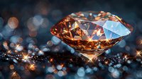 Brilliant champagne-colored diamond gemstone with sparkles and bokeh light effects on dark background, showcasing luxury jewelry and precious stone details.