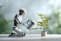 Futuristic robot carefully watering small green plant in white pot, representing artificial intelligence in environmental care and sustainable technology.