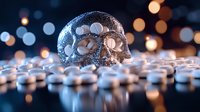 Crystal skull on dark background with glowing bokeh lights and scattered pills, creating dramatic medical or pharmaceutical composition. Artistic concept piece.